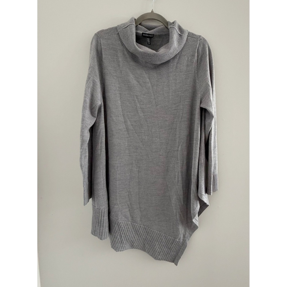 Eileen Fisher 100% Merino Wool Asymmetrical Turtleneck Sweater Gray L Lagenlook